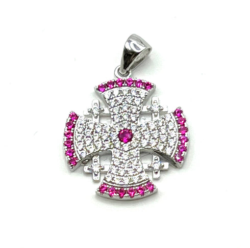 Sterling Silver Pave Stone Jerusalem Cross Pendant